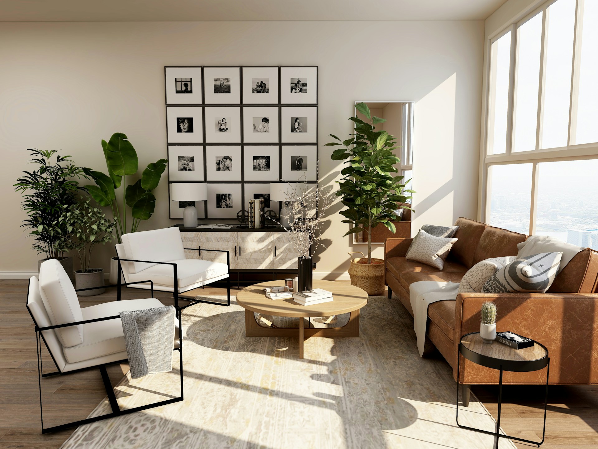 Refined contemporary living space with warm wood, stone and sculptural lighting